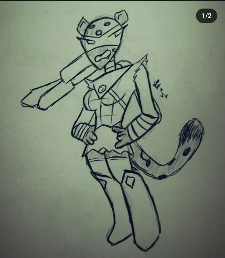 A hand-drawn pencil sketch of an anthropomorphic character with a cat-like head, wearing a mask and armor, holding a large…