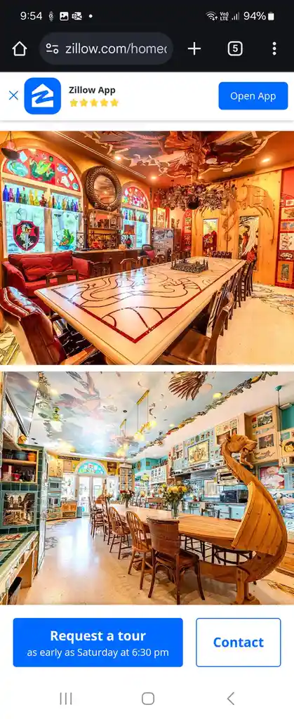 The image displays two photos of elaborately decorated dining rooms from a Zillow listing. The top photo shows a room with…