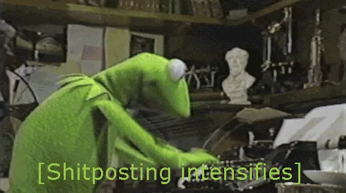 A six-panel image sequence shows Kermit the Frog intensely typing on a vintage typewriter in a cluttered, bookshelf-filled…