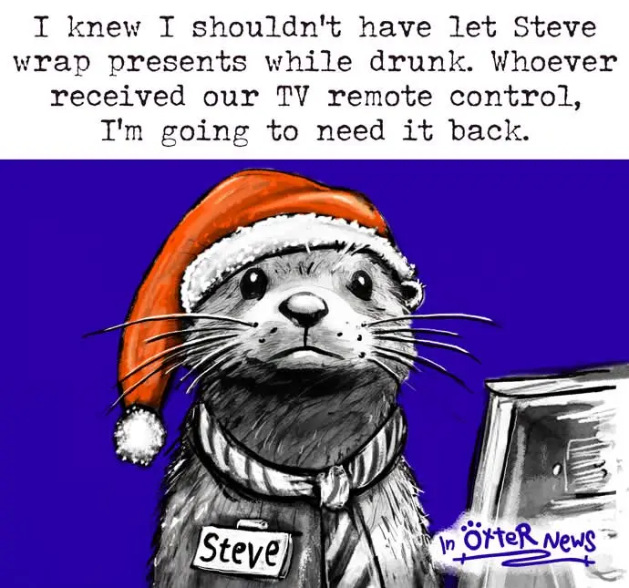 A cartoon otter wearing a red Santa hat and a name tag that reads 'Steve' looks solemnly at the viewer. The otter is wearing…