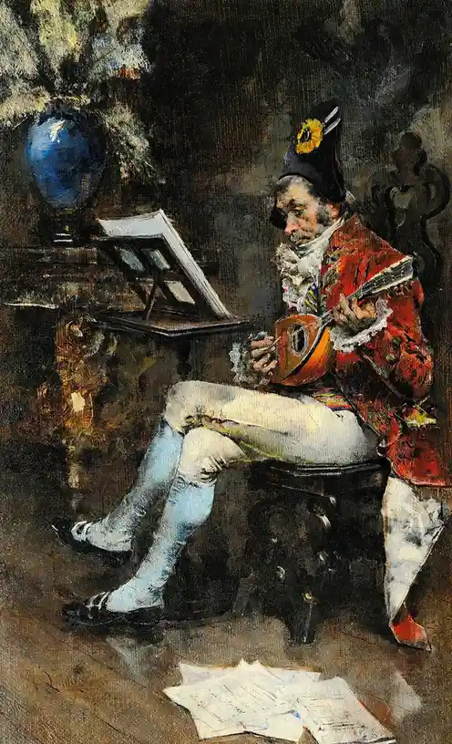 A classical painting depicts a man in ornate 18th-century attire, including a red jacket, white breeches, and a black hat…