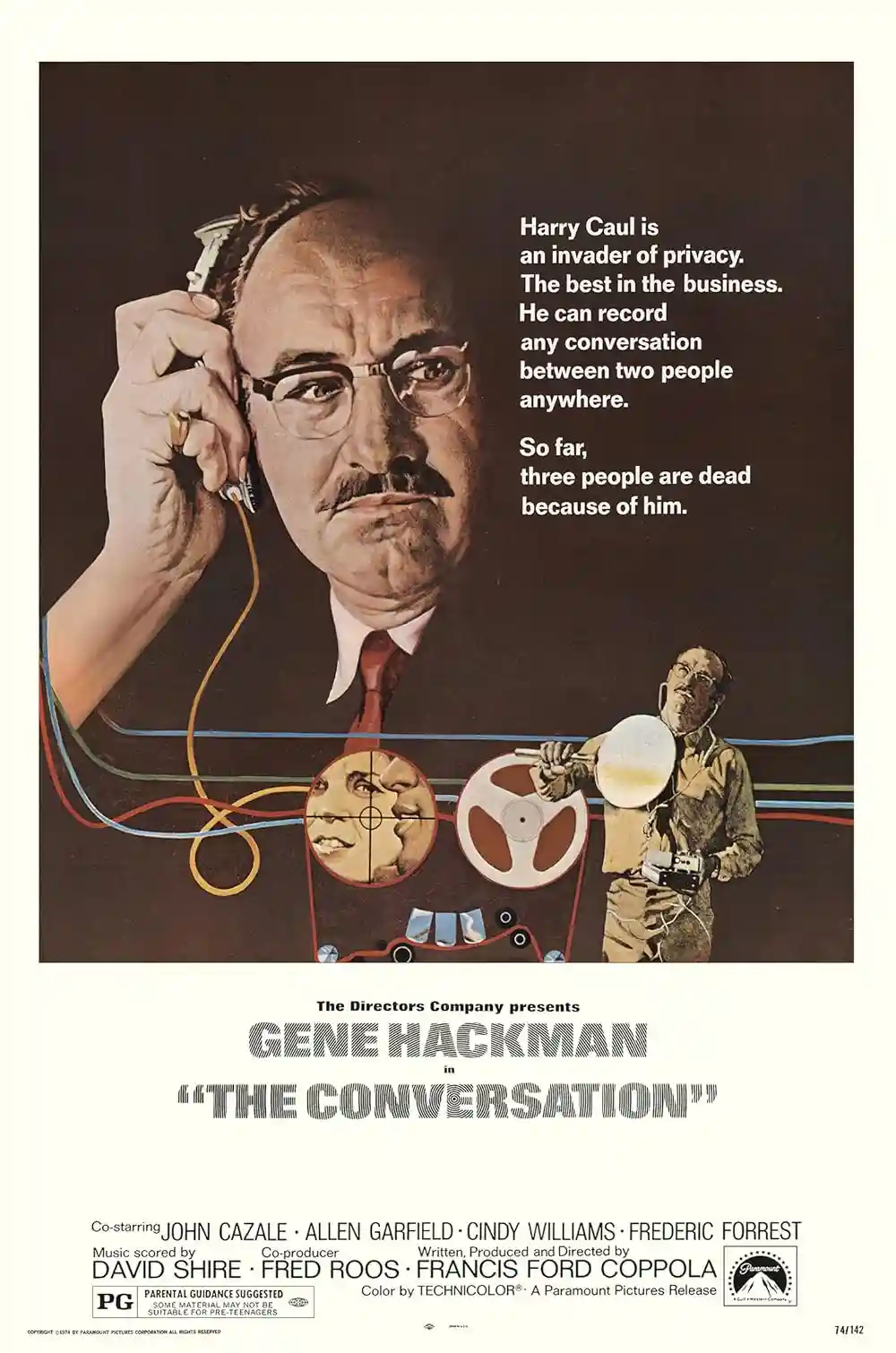 This is a vintage movie poster for 'The Conversation' starring Gene Hackman. It features a close-up of Hackman holding a…