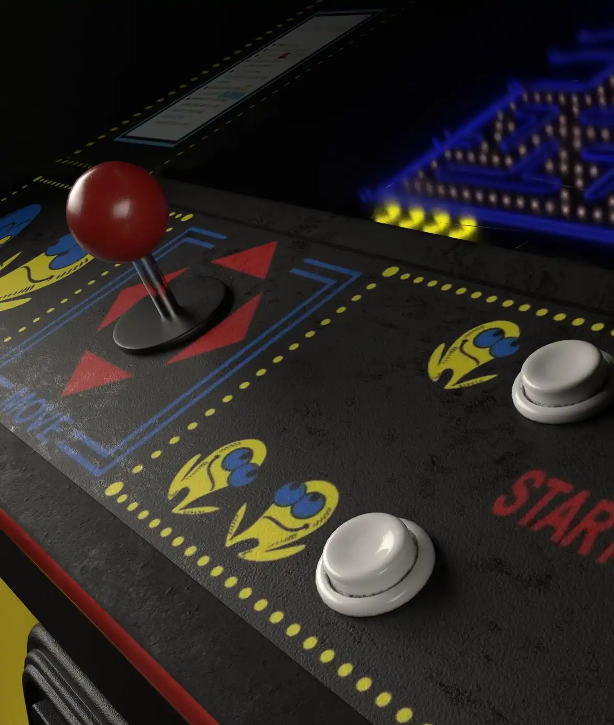 A close-up of a classic arcade game control panel featuring a red joystick, two white buttons, and yellow ghost graphics on…