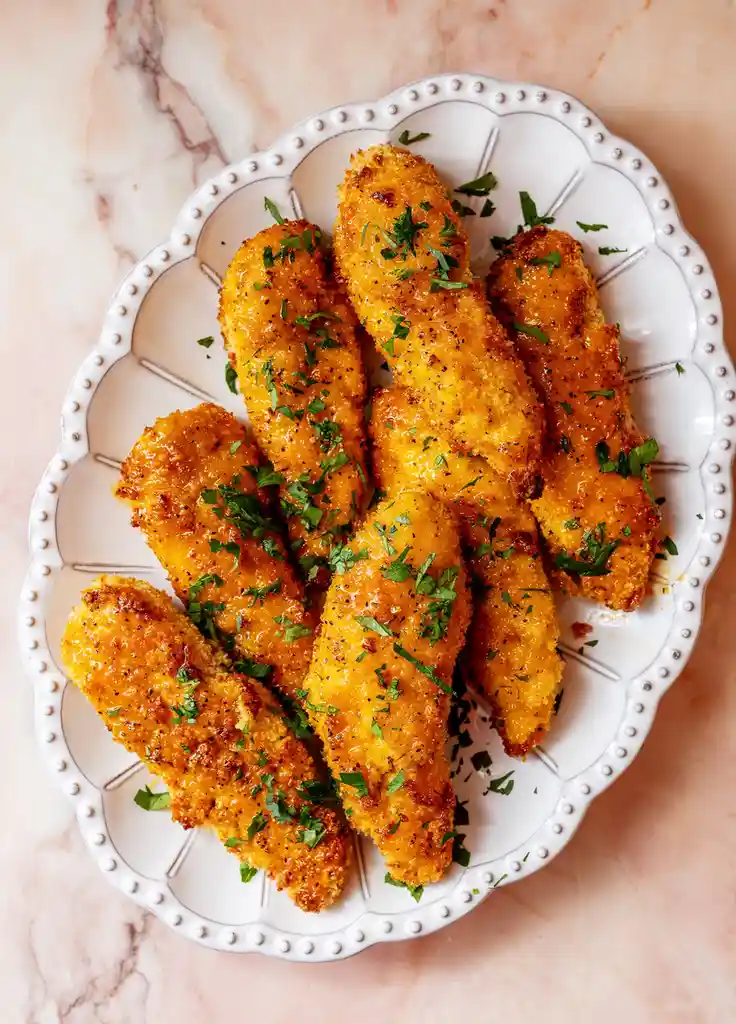 A top-down photo shows golden-brown, breaded chicken tenders garnished with chopped green herbs on a white, scalloped-edge…