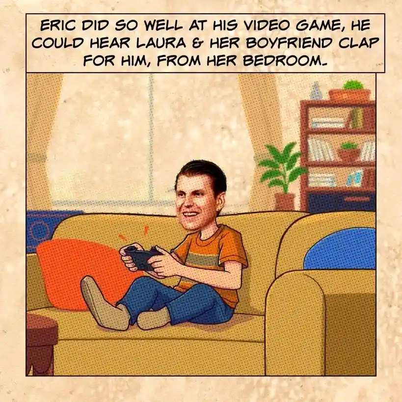 A cartoon man with a caricatured face sits on a yellow couch holding a video game controller, smiling triumphantly. The…