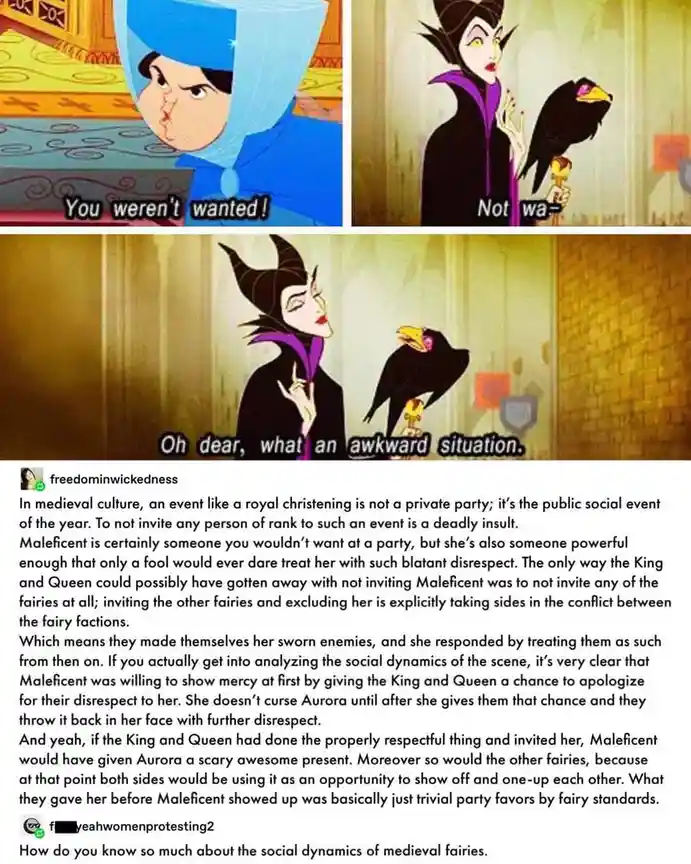 The image is a three-panel meme from Disney's 'Sleeping Beauty' featuring Maleficent. In the first panel, a blue-robed fairy…