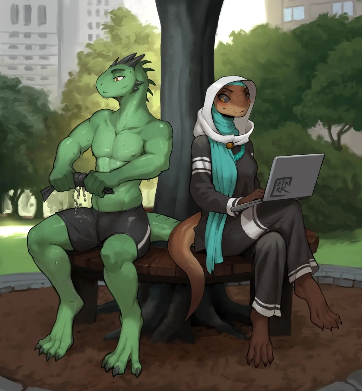 Two anthropomorphic reptiles sit on a park bench; a muscular green dragon-like male holds a dripping object, while a female…