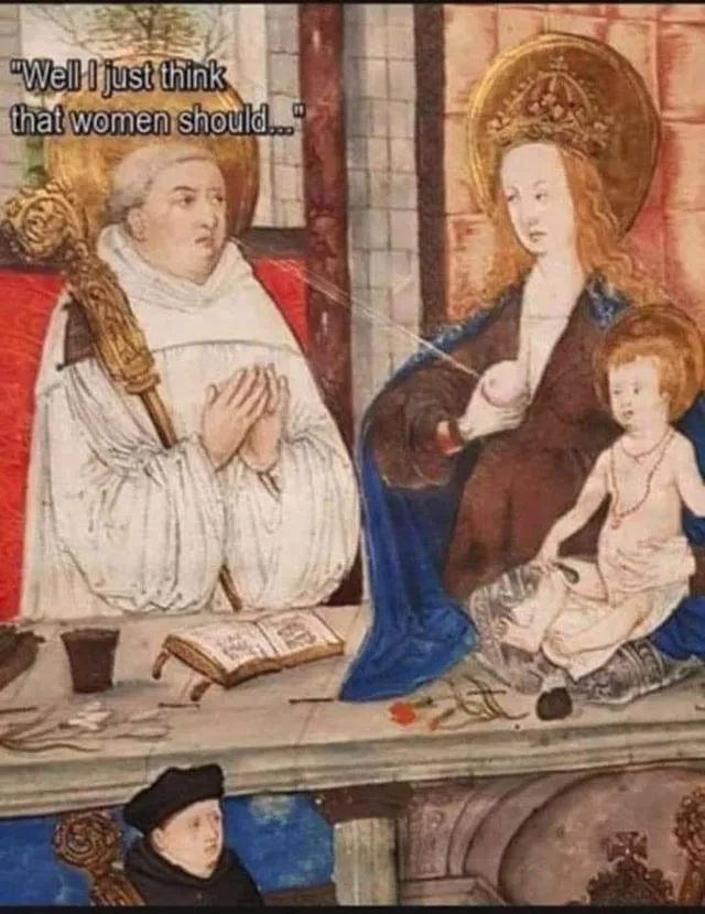 A medieval-style painting depicts a robed man with clasped hands and a staff, seemingly about to speak, while a haloed woman…