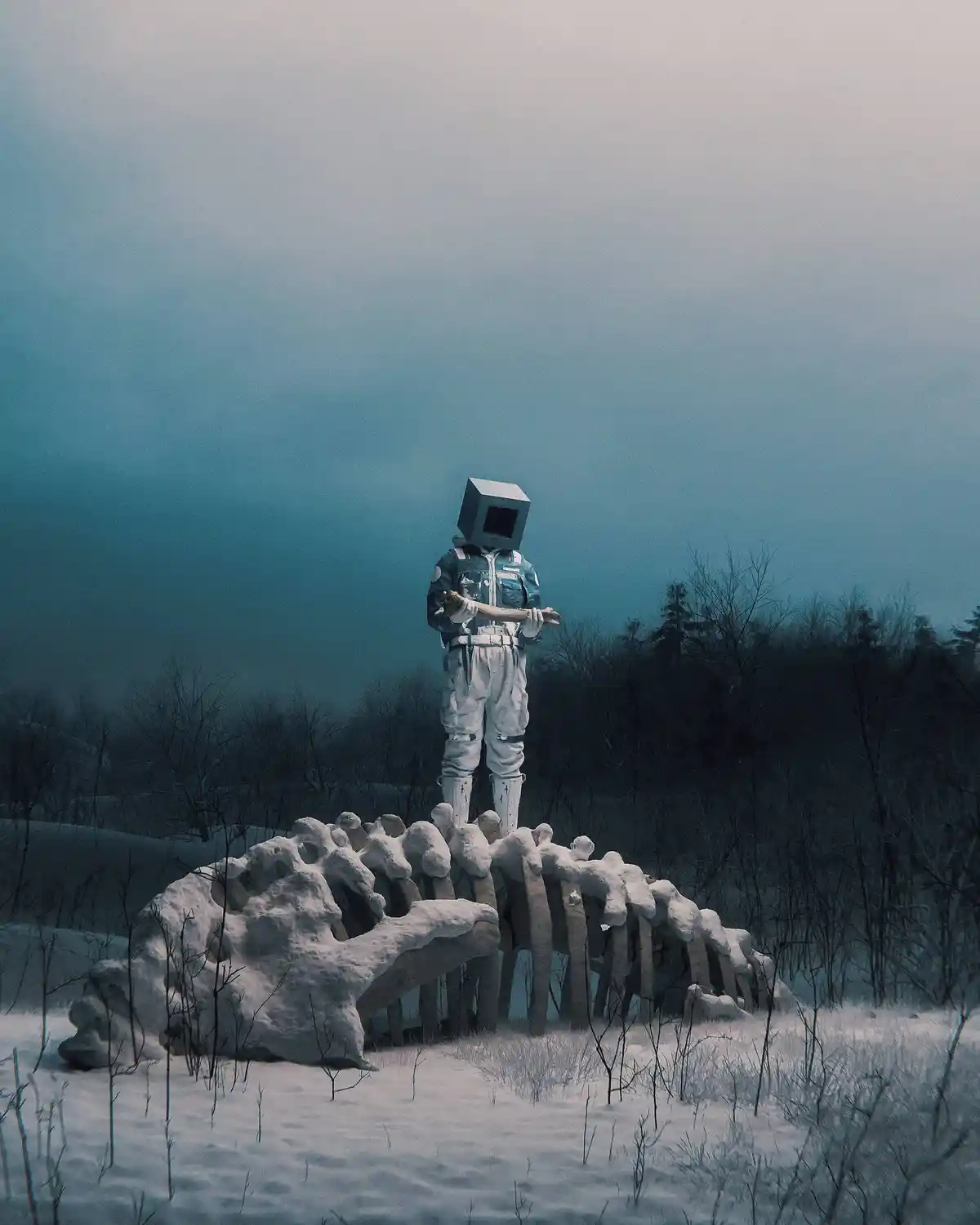 A figure in a spacesuit with a square computer monitor for a head stands atop a massive, snow-covered dinosaur skeleton in a…