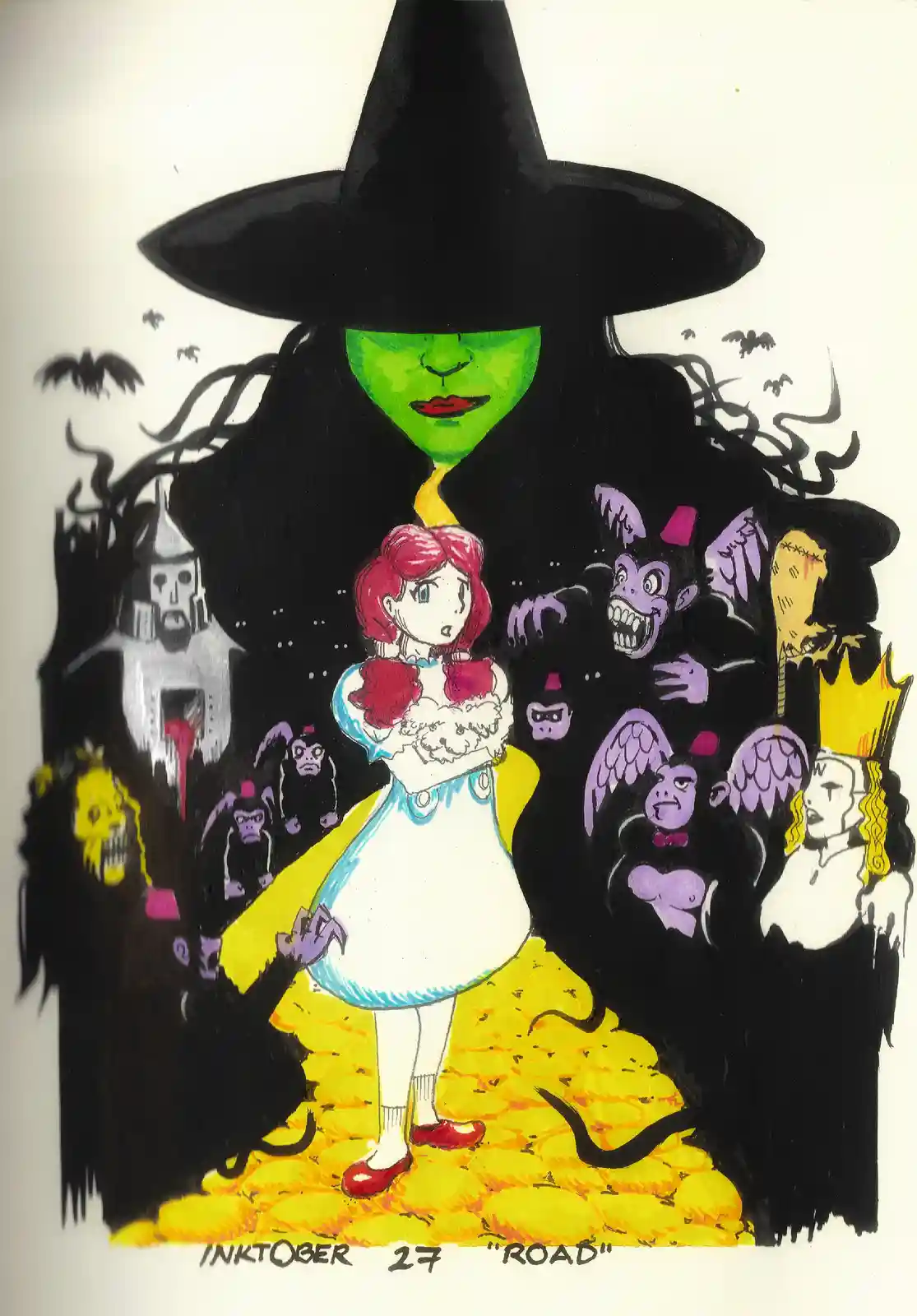 A cartoon-style illustration shows a green-skinned witch with a large black hat looming over a small girl in a yellow dress…