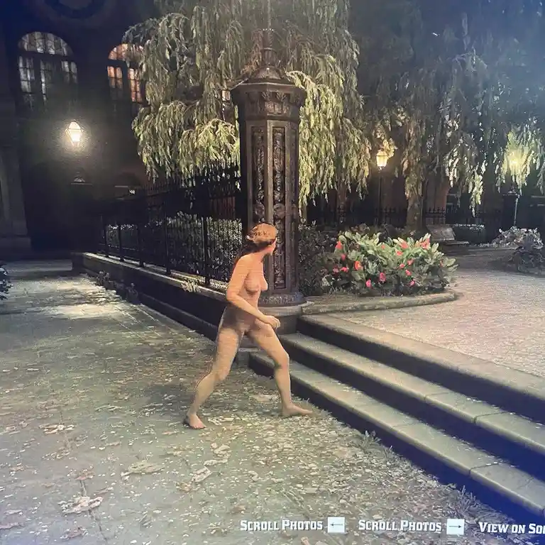 A nude woman walks barefoot on a paved path next to stone steps in a nighttime garden setting, with ornate fencing, weeping…