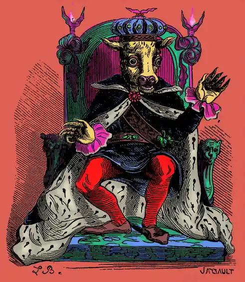 A cartoonish illustration depicts a cow with a human body, wearing a crown and royal robes, seated on an ornate throne…