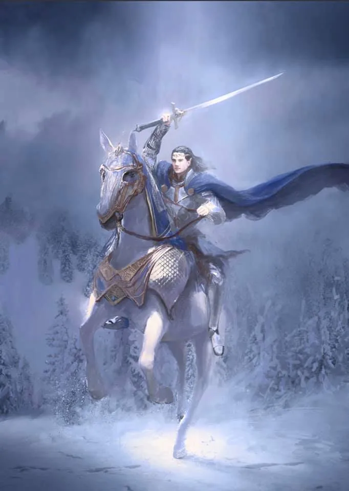 A fantasy illustration depicts a knight in blue armor riding a white horse through a snowy, misty forest. The knight holds a…