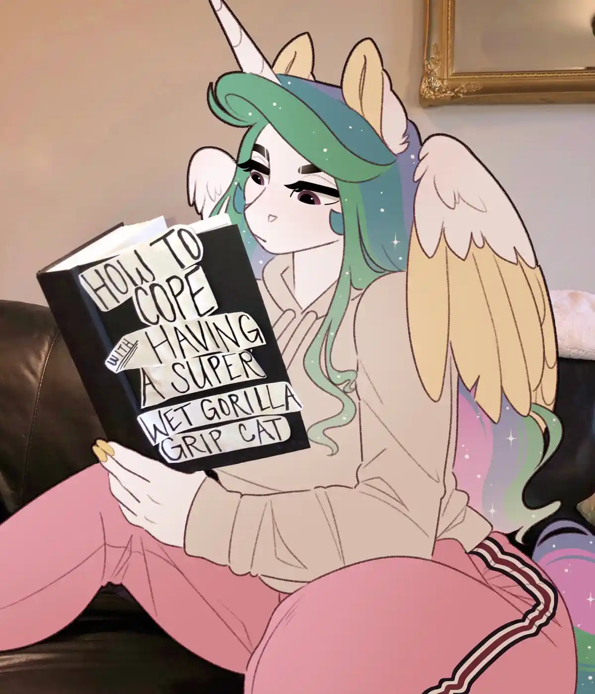 An anime-style unicorn girl with green hair, wings, and a horn sits on a couch reading a black book with the title 'HOW TO…