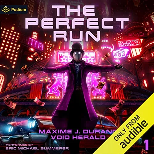 An audiobook cover for 'The Perfect Run' by Maxime J. Durand, performed by Eric Michael Summerer, features a masked figure…