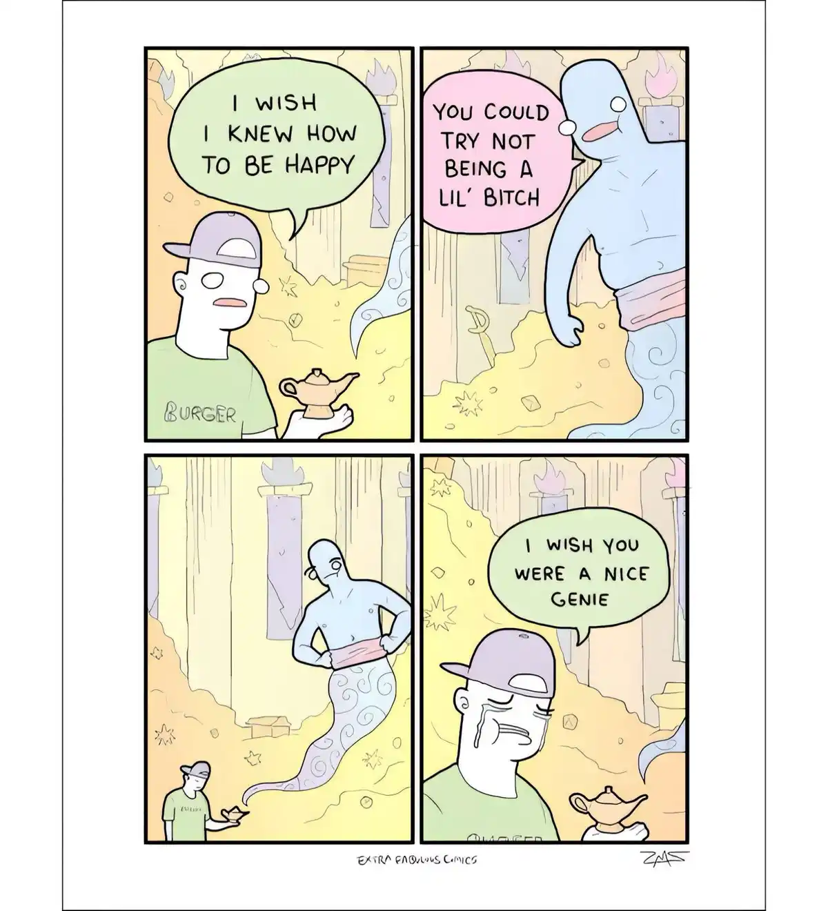 A four-panel comic strip shows a man named Burger wishing to be happy, then a genie appears and responds with 'you could try…