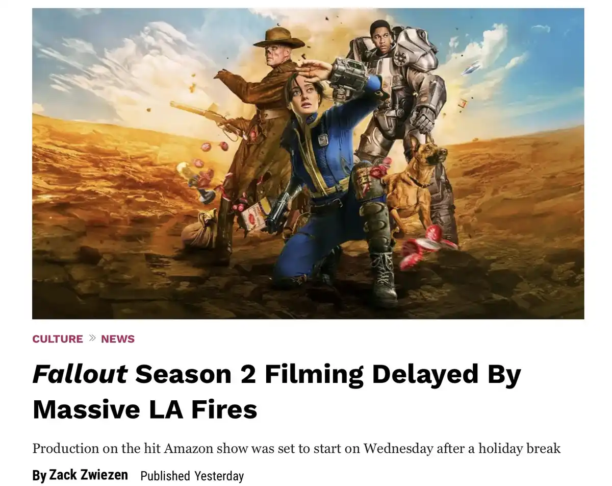 An image of the Fallout TV show promotional artwork featuring three main characters in a desert wasteland, overlaid with a…