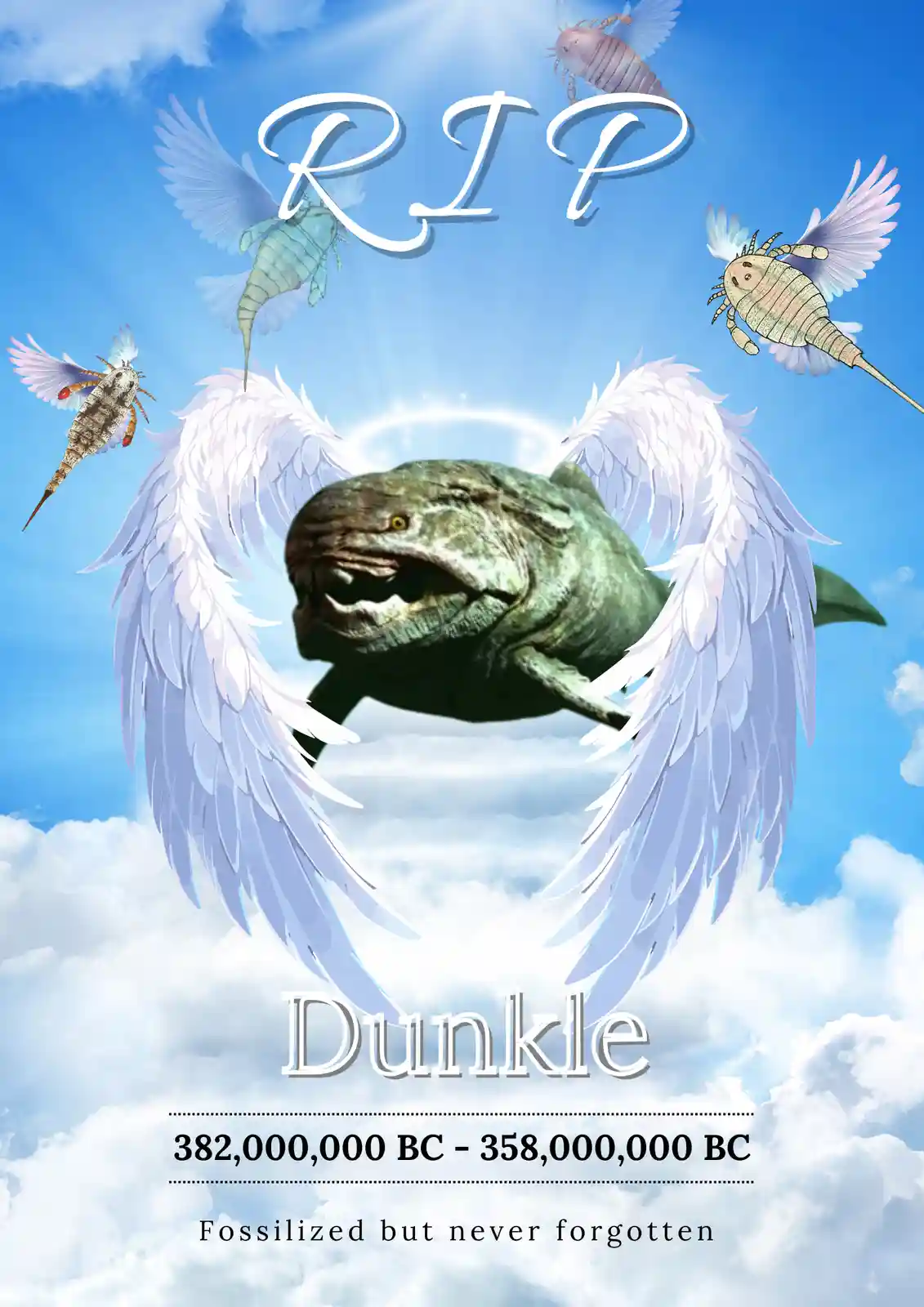 A digitally created image shows a large, green, prehistoric fish-like creature with white angel wings and a halo, floating…