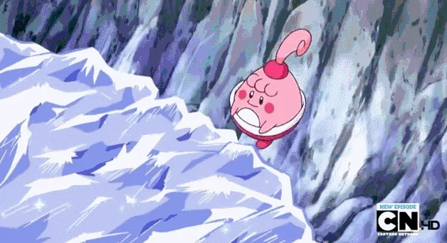 A six-panel animation sequence from an anime shows a pink, round character peeking from behind a cliff edge. The subsequent…