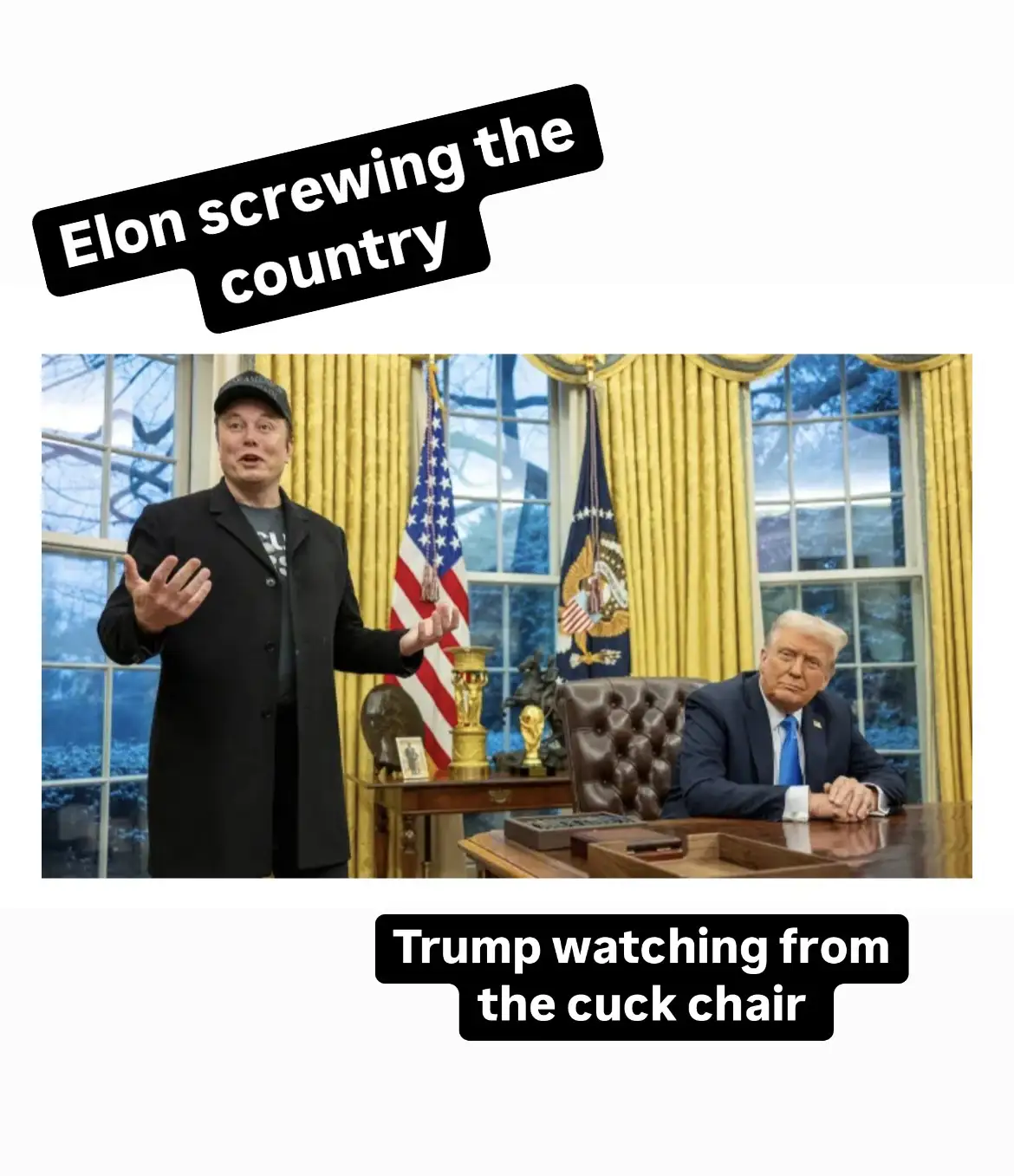 The image shows Elon Musk standing in front of a desk with arms outstretched, while Donald Trump sits in a leather chair…
