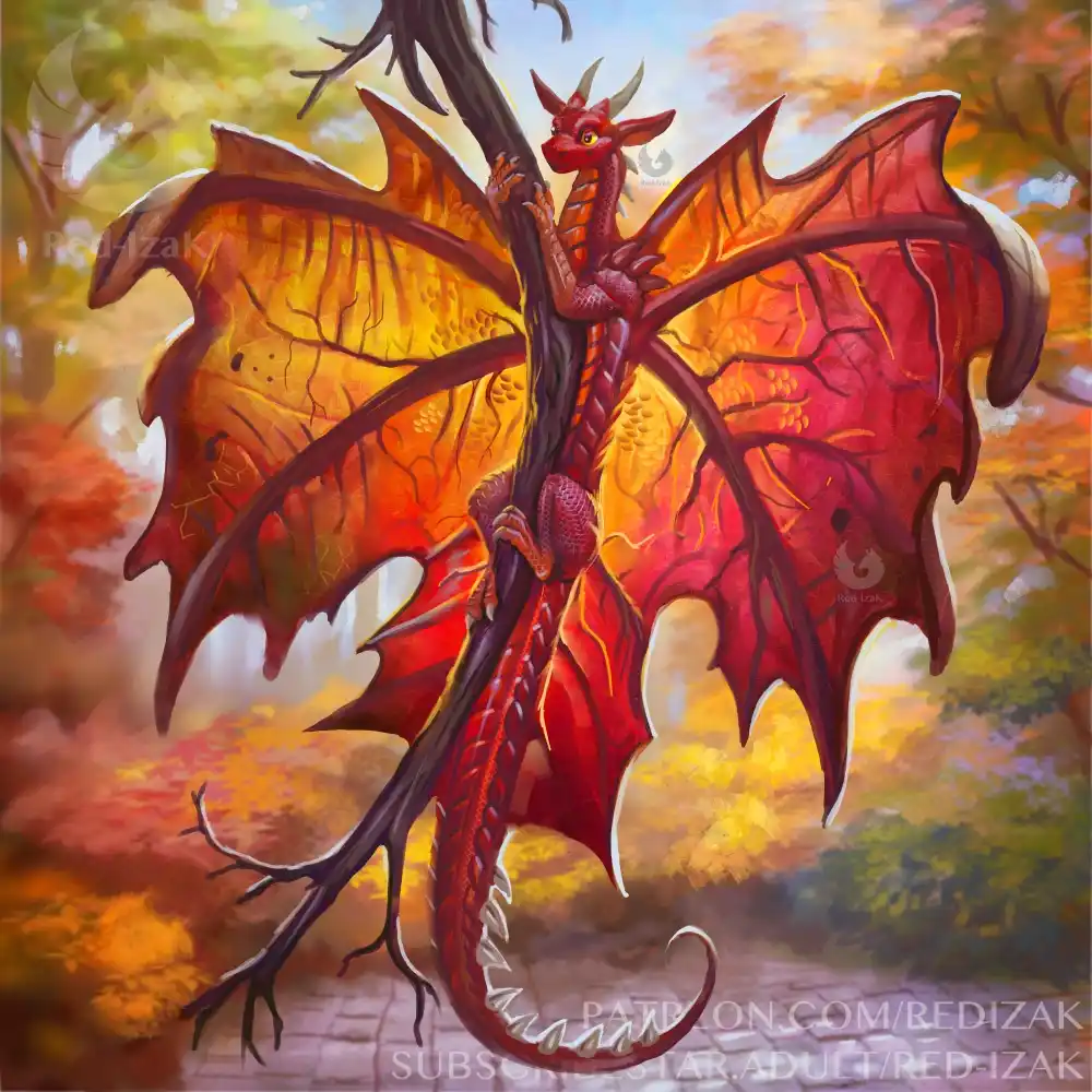 A small red dragon with leaf-patterned wings clings to a bare tree branch in an autumn forest. The dragon's wings are…