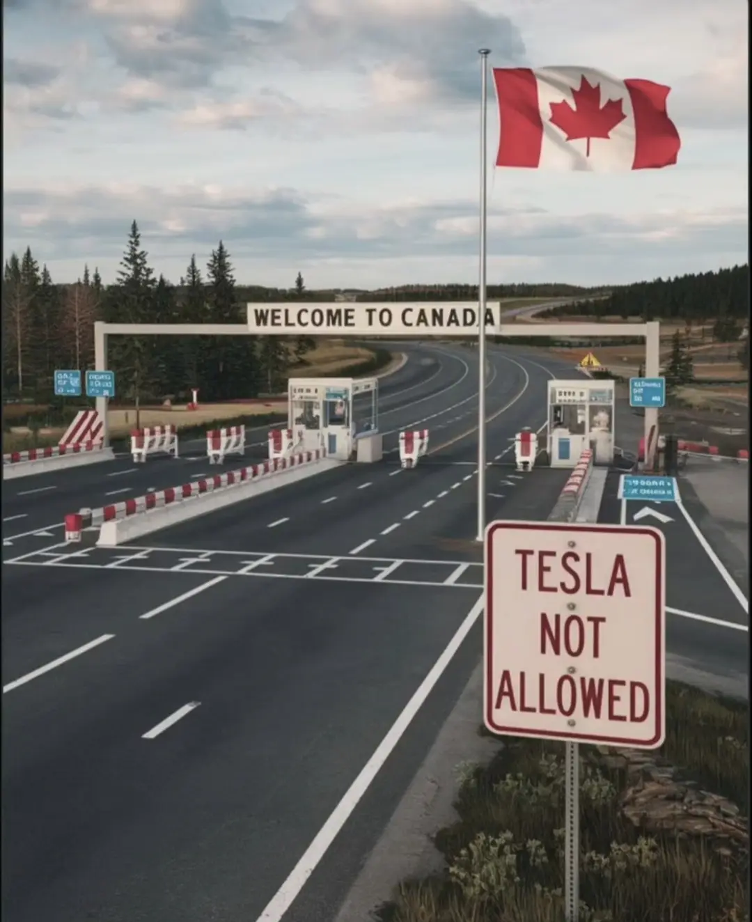 A photo of a Canadian border crossing with a 'WELCOME TO CANADA' sign and a Canadian flag flying overhead. In the…