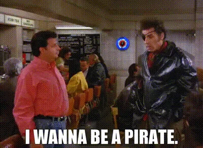 A still from the movie 'The Princess Bride' shows a man in a shiny black leather jacket and an eyepatch repeatedly saying 'I…