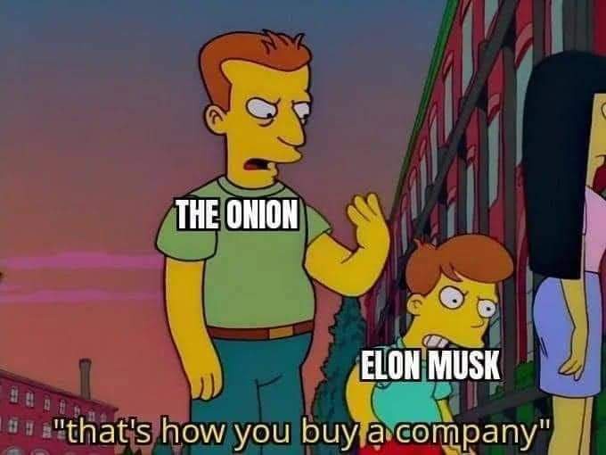 A still from The Simpsons shows a man labeled 'THE ONION' gesturing dismissively at a child labeled 'ELON MUSK', who looks…