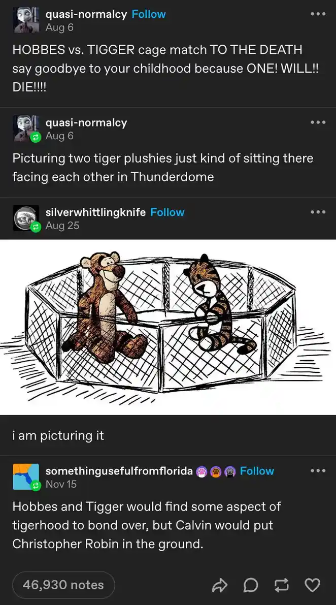 A hand-drawn sketch shows two plush tiger toys, one resembling Hobbes and the other Tigger, sitting calmly and facing each…