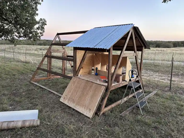 A partially built wooden chicken coop with a blue corrugated metal roof sits in a grassy field at dusk, surrounded by…