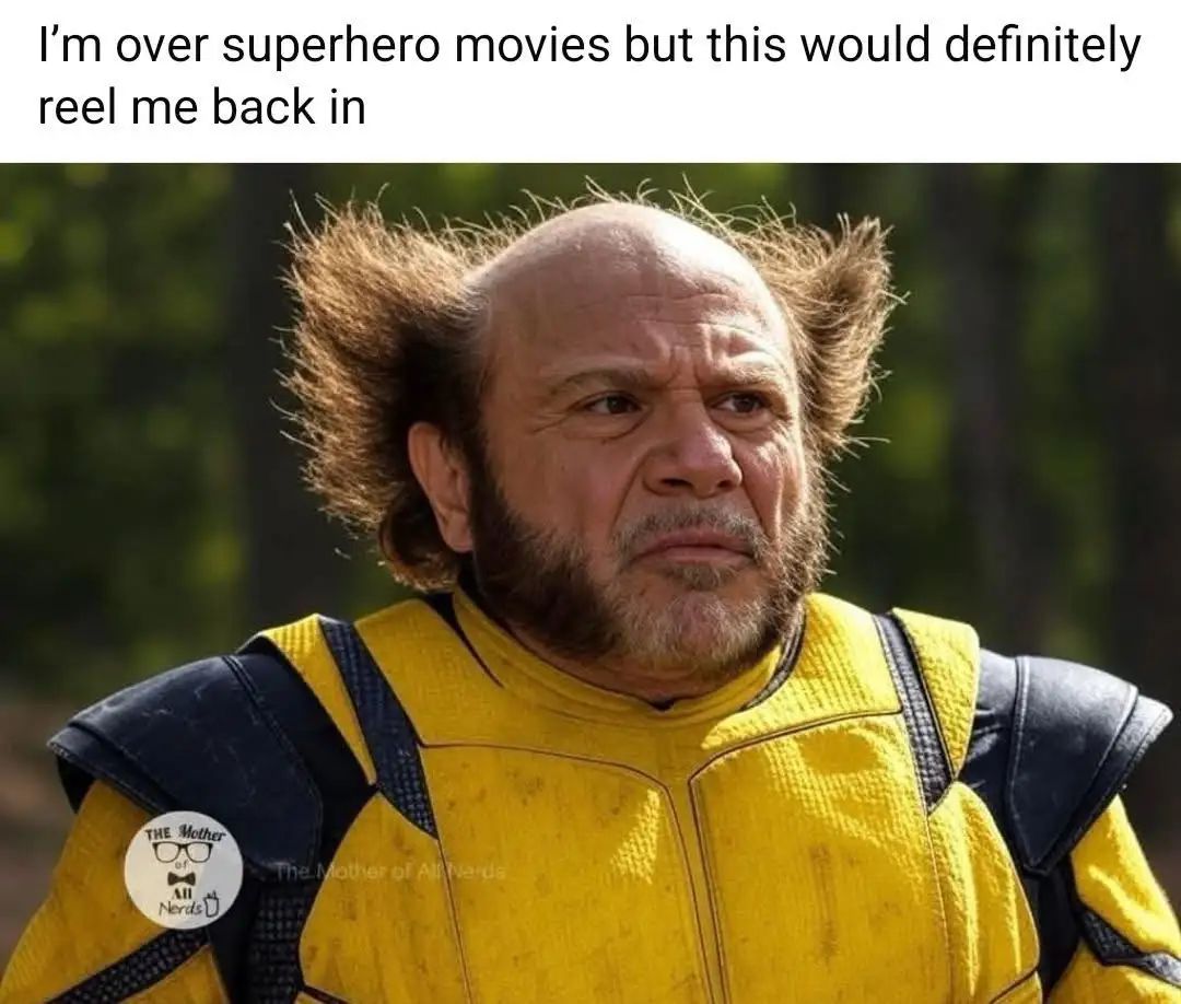 A man with a bald head and spiky hair on the sides, wearing a yellow and black superhero costume, looks skeptical while the…