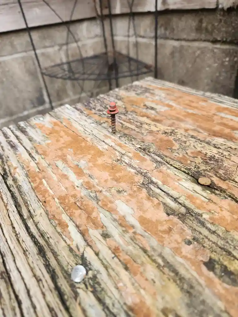 A close-up photo shows a rusty screw with a red head standing upright on a weathered, peeling wooden surface. The wood has…