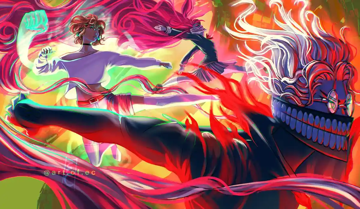 A vibrant anime-style illustration shows a female character with red hair and glowing green outlines striking a powerful…