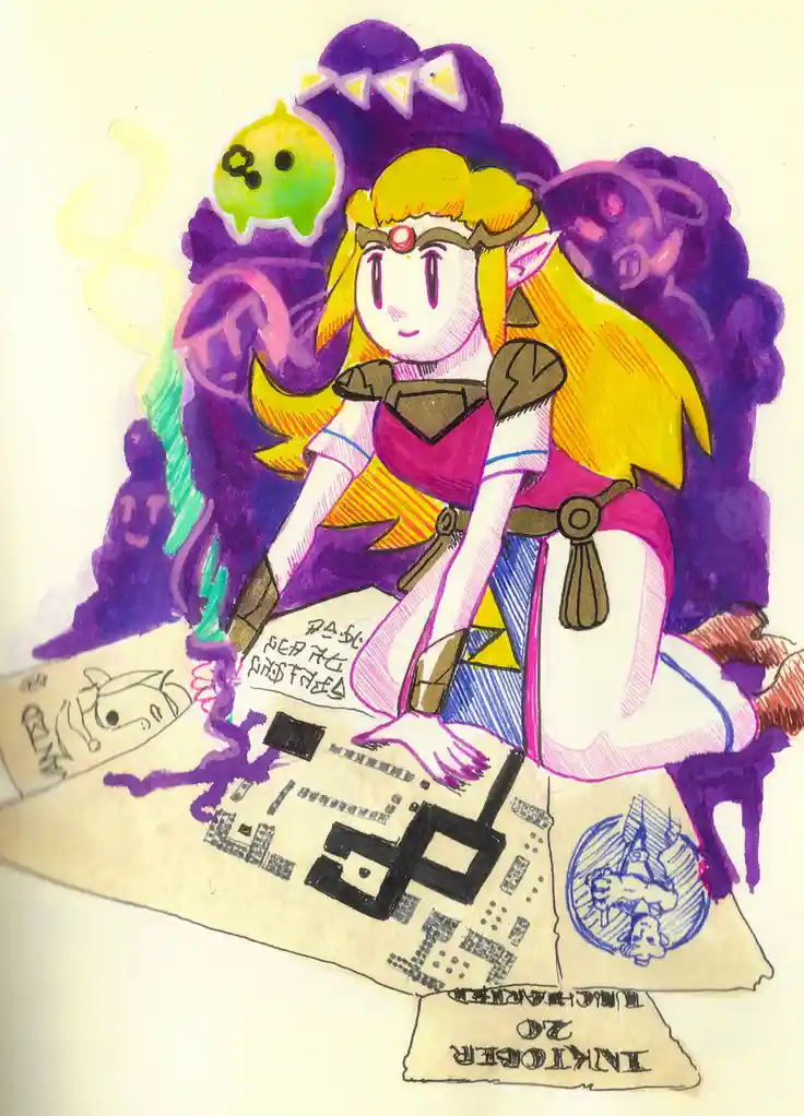 A hand-drawn illustration shows a character resembling Zelda from The Legend of Zelda, sitting atop a large, detailed map…