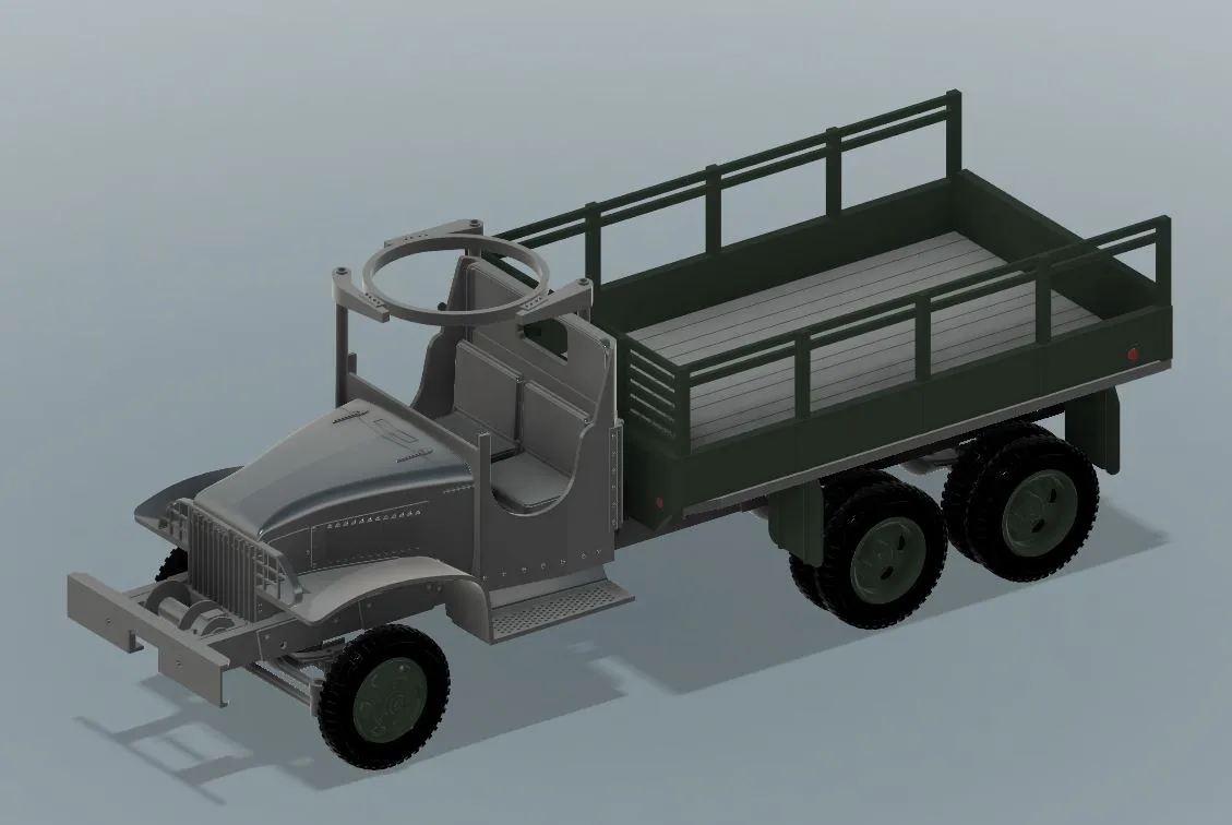 a 3d rendered military-style flatbed truck with a green cargo bed and silver-gray cab, shown from a three-quarter angle…