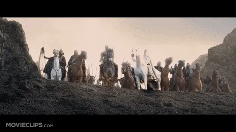 six sequential movie stills from 'the lord of the rings: the return of the king' show a large army of riders on horseback…