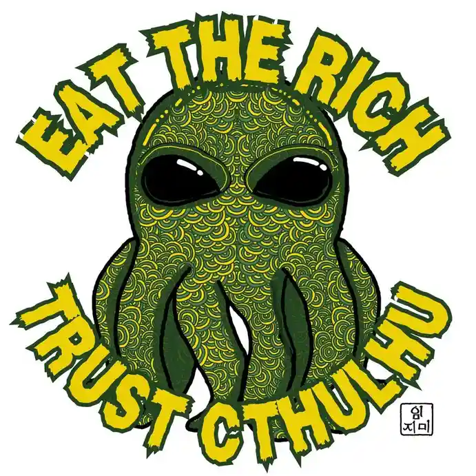 A stylized green Cthulhu-like creature with a patterned body and large black eyes is centered in the image. Bold yellow text…