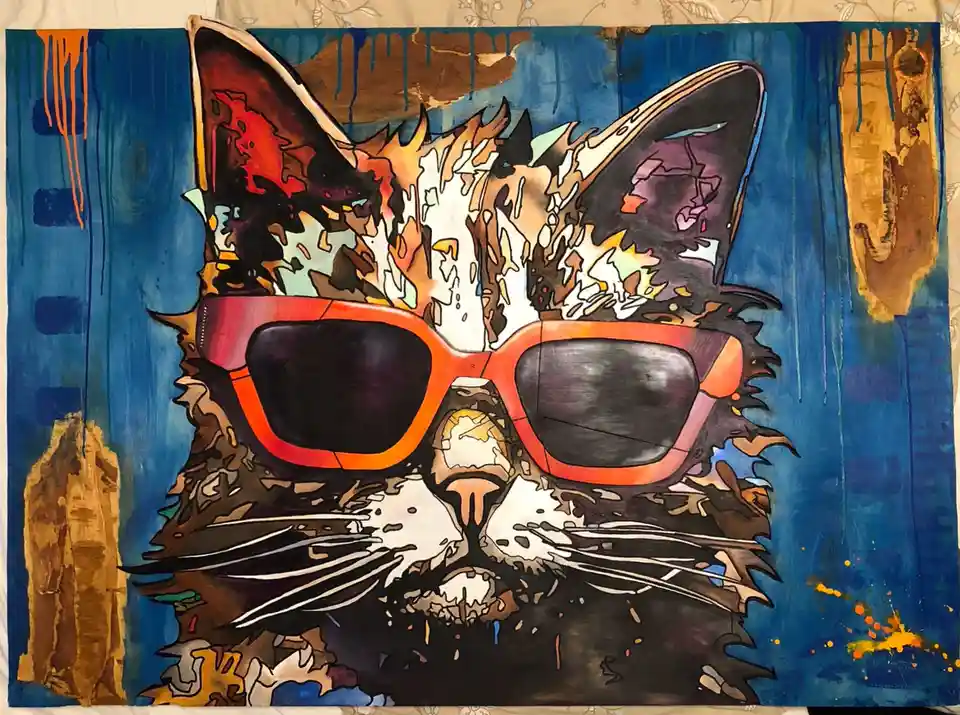 A stylized painting of a cat's face wearing large, bright orange sunglasses, set against a textured blue background with…