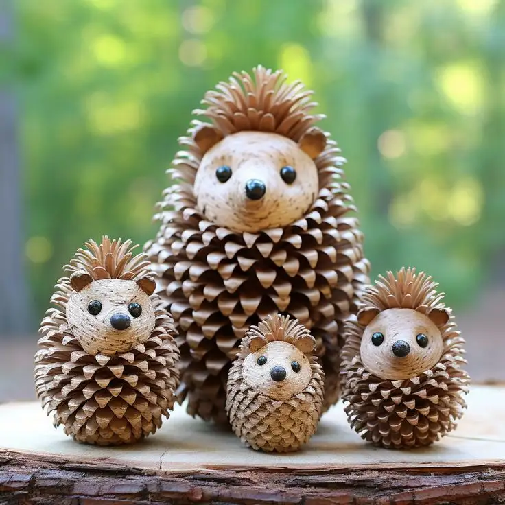 Four handcrafted hedgehog figurines made from pinecones with painted faces, arranged as a family on a wooden log against a…