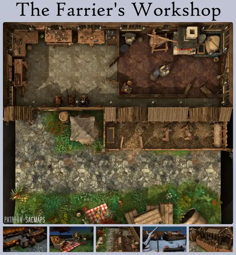 An overhead view of a detailed fantasy workshop labeled 'The Farrier's Workshop,' showing a stone-floored interior with…