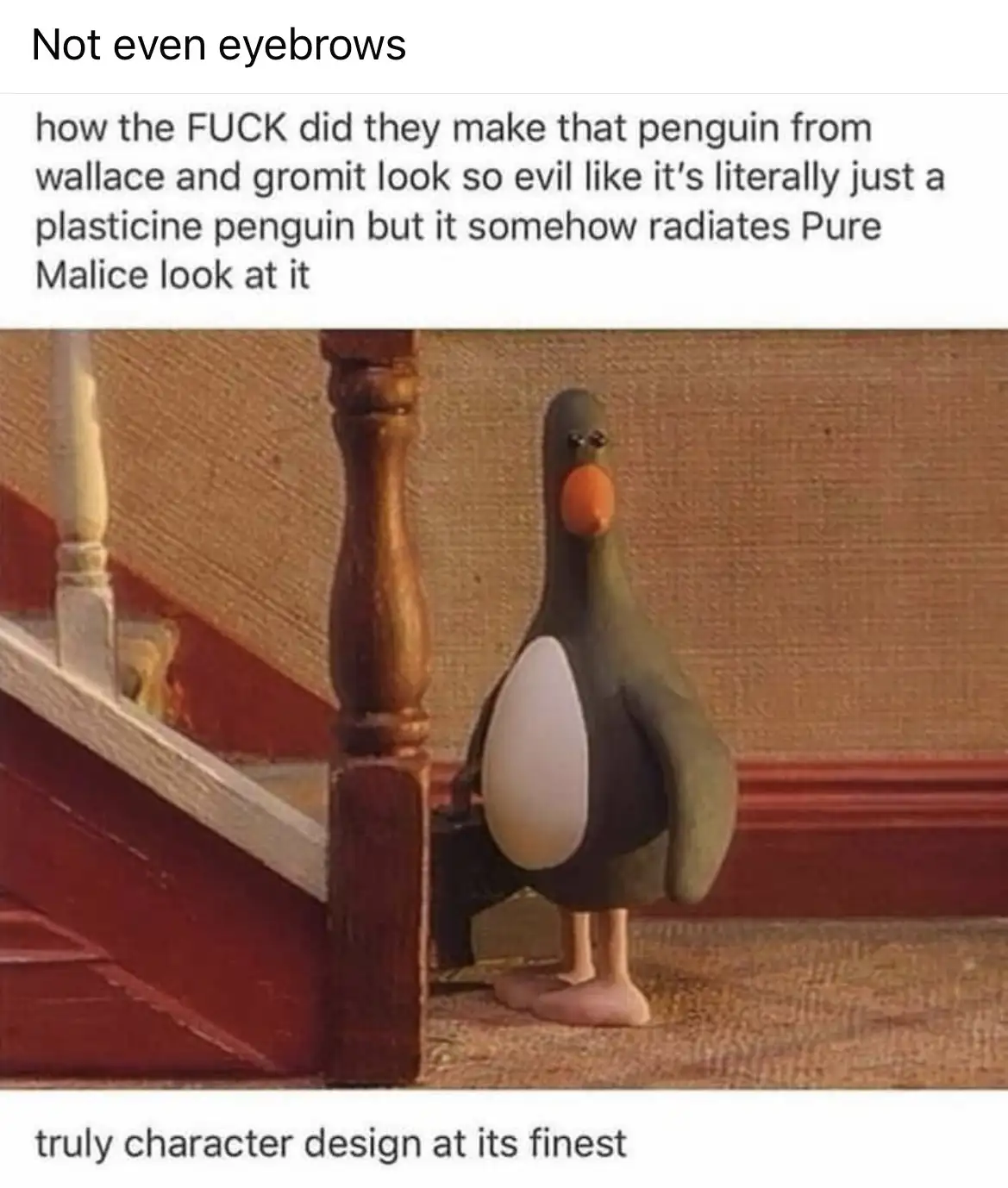 A still image of a simple plasticine penguin character from Wallace and Gromit, standing on a carpeted floor next to a…