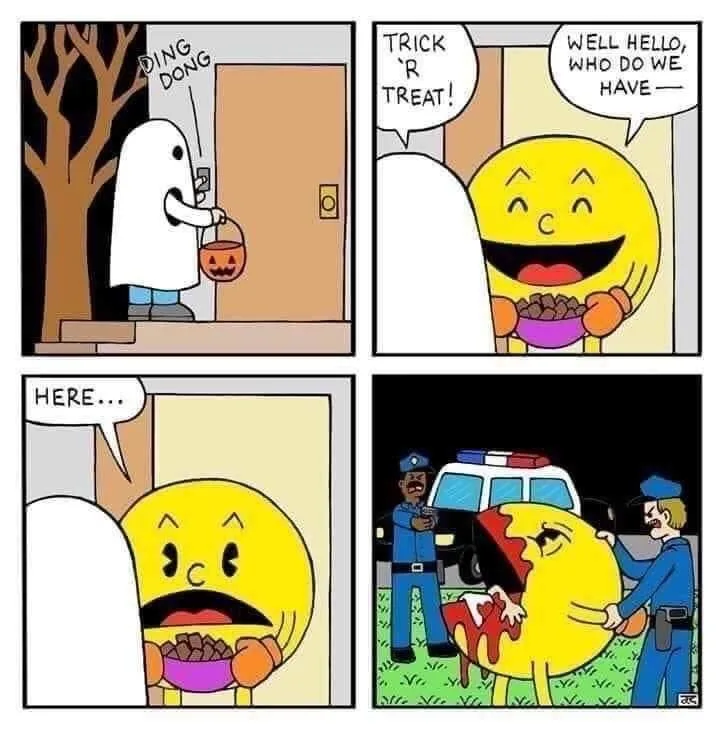 A four-panel comic strip shows a ghost trick-or-treating at a house, greeted by a cheerful Pac-Man holding candy. Pac-Man…
