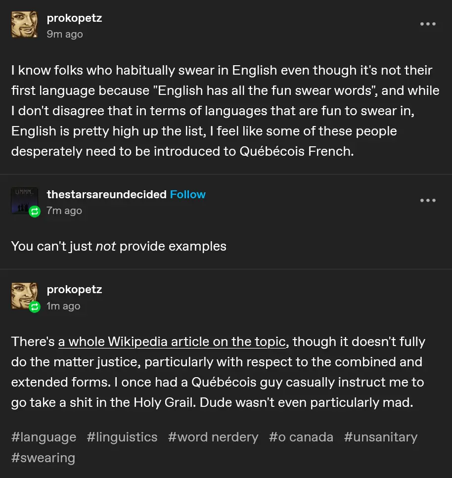A screenshot of a Reddit thread shows user 'prokopetz' suggesting Québécois French as a fun swearing language, and then…