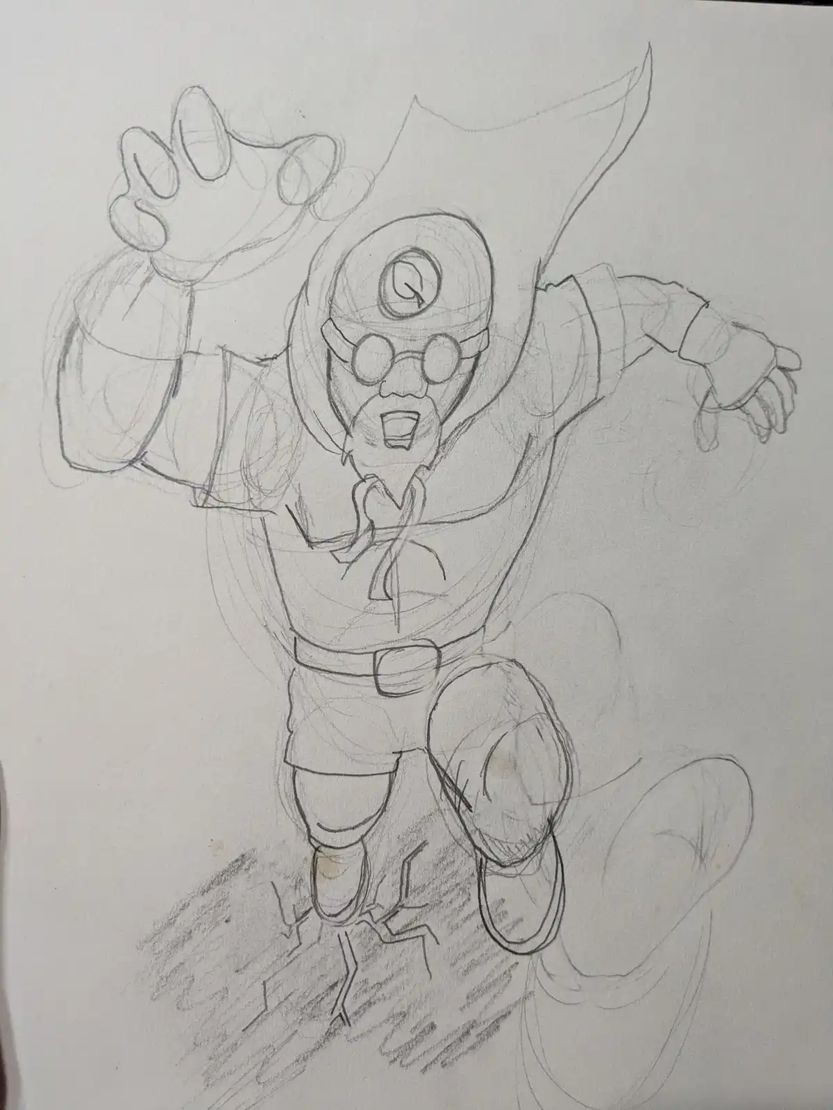 A pencil sketch of a cartoonish superhero with a cape, goggles, and a 'Q' symbol on his forehead, drawn in a dynamic pose…