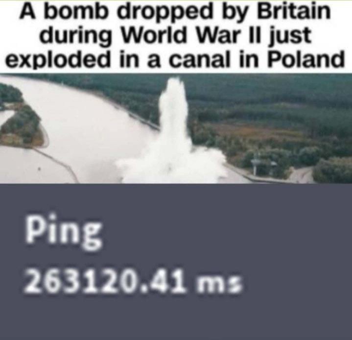 An aerial photo shows a large explosion in a canal surrounded by greenery, with overlaid text claiming a WWII British bomb…