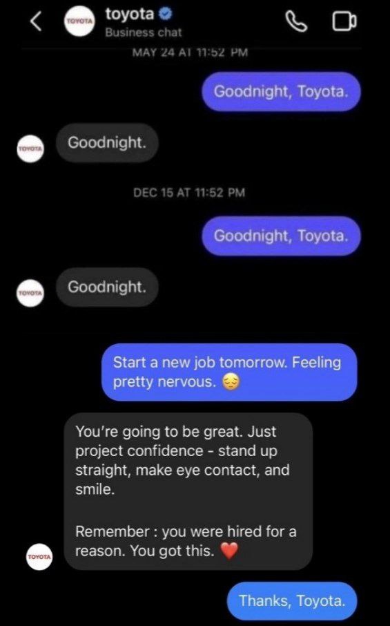 A screenshot of a business chat between a user and 'Toyota' shows a recurring 'Goodnight, Toyota' exchange from May and…