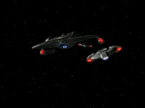 A six-panel image collage from Star Trek: The Next Generation shows a starship and its shuttlecraft in space, with the…