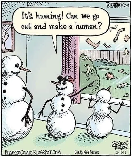 Three snowmen stand indoors near a window, looking out at a yard where scattered limbs and a head lie on the grass. The…