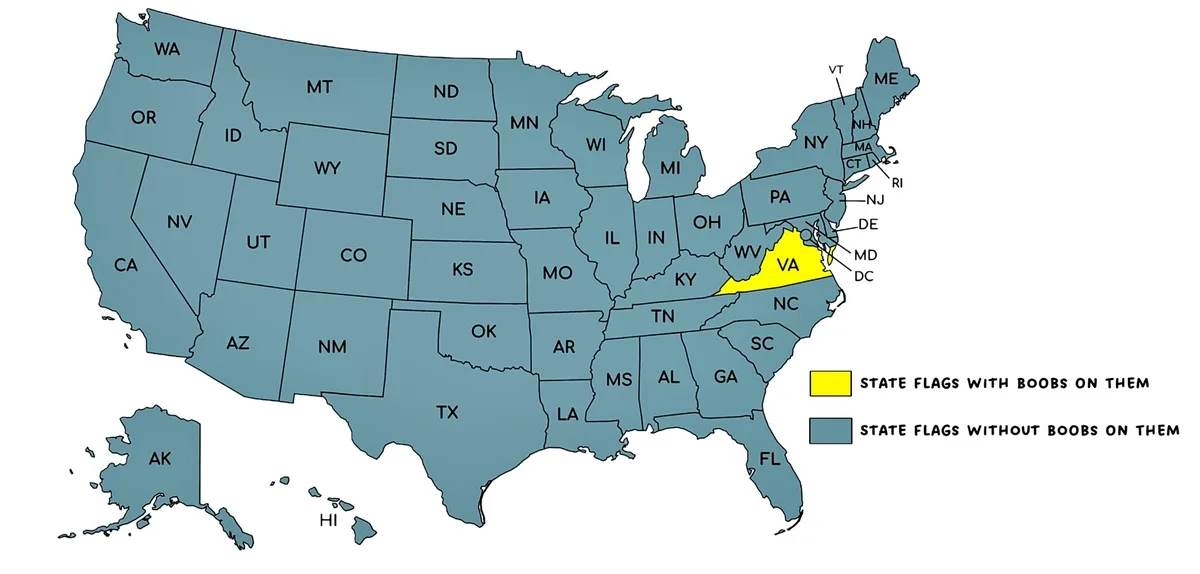 A map of the United States with all states colored gray except Virginia, which is highlighted in yellow. A legend in the…