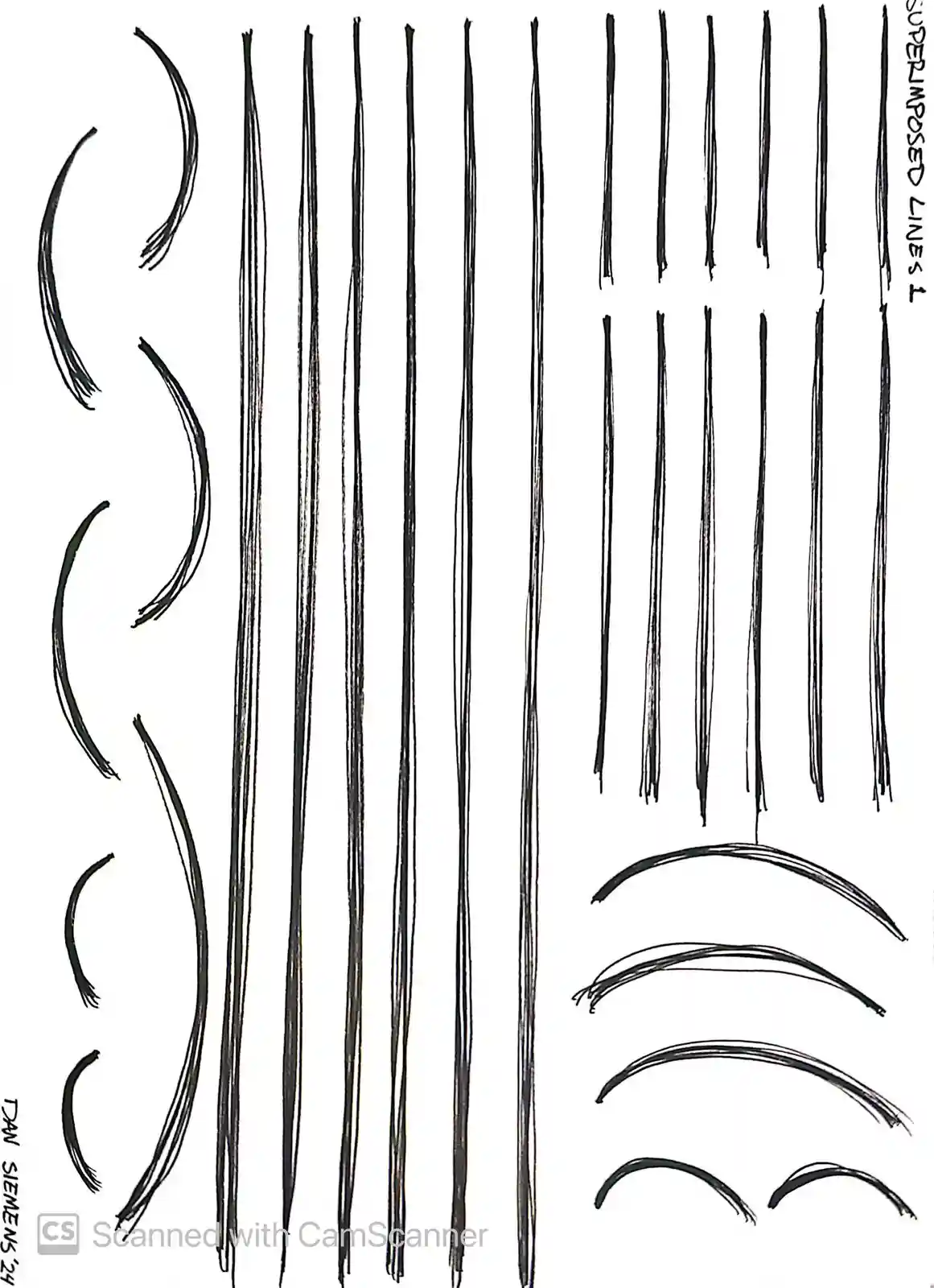 A black-and-white sketch shows multiple sets of hand-drawn lines on a white background: vertical lines, curved lines, and…